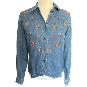 Vintage 90's Denim Top with Floral Needlepoint Embroidery <3